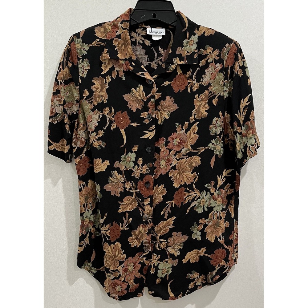 Justin B Jones Womens Short Sleeve Froral Print Button-Down Rayon Blouse Size LG